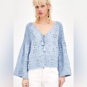 Zara TRF Collection Blue Eyelet Blouse Bell Sleeve Size S